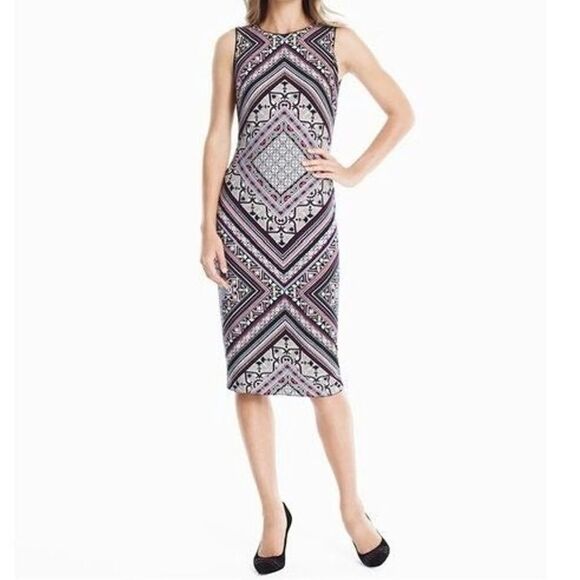 WHBM Reversible Sleeveless Sheath Dress Multi-Color Scarf Print Knit Sz Lg - Picture 1 of 7